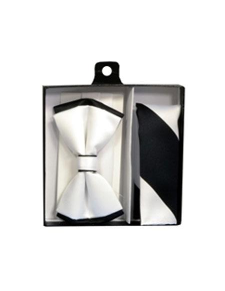  men's Polyester White/Black Satin dual colors classic Bowtie with hankie