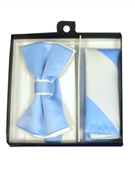  men's White / Light Blue Polyester Satin dual colors classic Bowtie with hankie