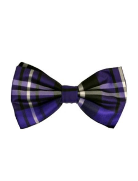  Men's Plaid Pattern Bowtie Purple and Black
