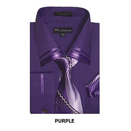  Purple French Cuff Dress Shirt + Tie + Handkerchief Set Spread Collar 