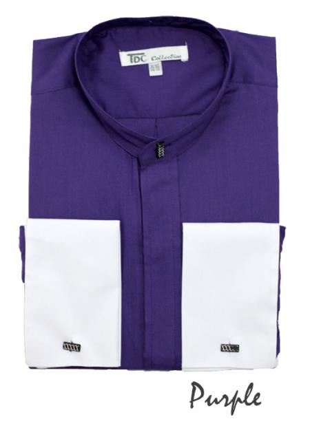 Fashion Hidden Button French Cuff no collar mandarin Collarless Dress Shirt Purple color shade 