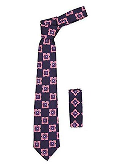  Men's Geometric Purple with Styish Pink Square Necktie Includes Hanky Set