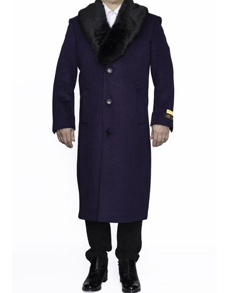 Mens Overcoat mens Removable Fur Collar Wool Dress Top Coat / Overcoat in Purple Authentic Reg:$700 Designer Alberto Nardoni Best men's Italian Suits Brands now on Sale - Three Quarter 34 inch length