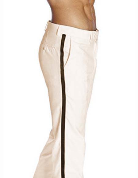  Men's Poly/Rayon With Black Satin Stripe Flat Front Off White Tuxedo Classic Fit Pant