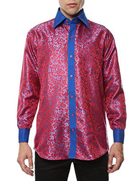  Men's Shiny Satin Floral Spread Collar Paisley Red-Blue Dress Shirt Flashy Stage Colored Two Toned Woven Casual
