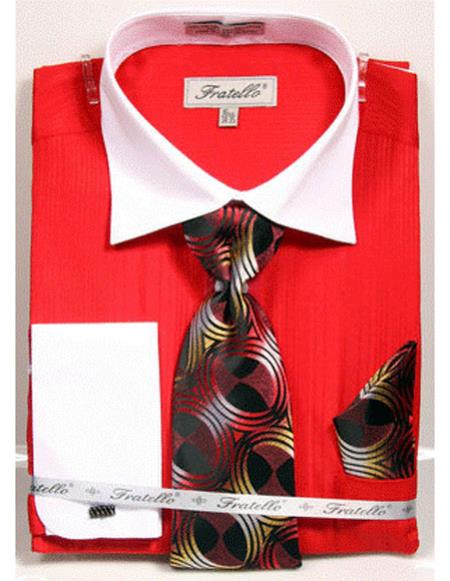  men's White Collared French Cuffed Red Dress Shirt with Tie/Hanky/Cufflink Set