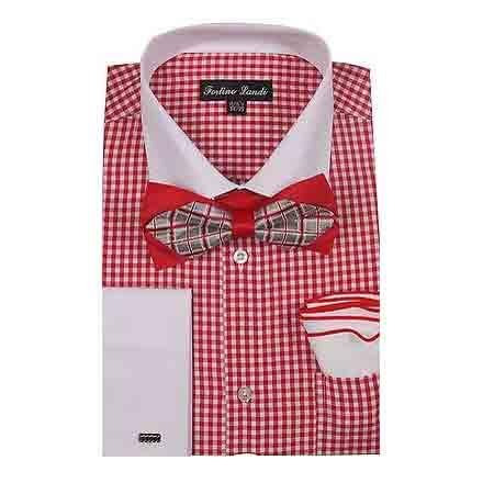  Checks Design red color shade French CuffWith Bow Tie And Hanky Dress Shirt