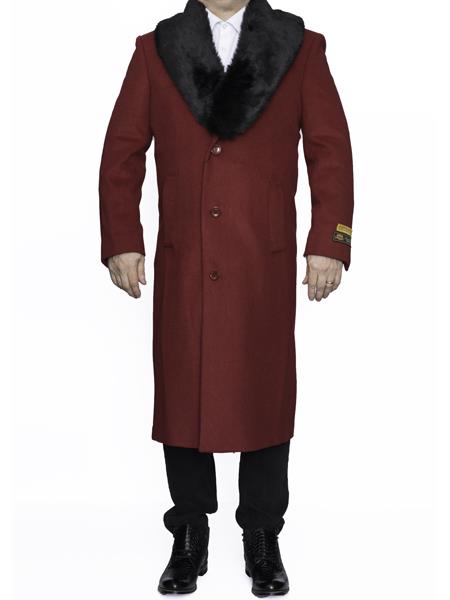 men's Removable Fur Collar Full Length Wool Dress Top Coat / Overcoat in Burgundy Overcoat Authentic Reg:$700 Designer Alberto Nardoni Best men's Italian Suits Brands now on Sale