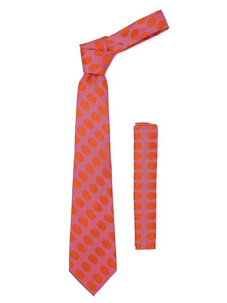  Men's Geometric Red Orange Polkadot Stripe Fashionable Necktie With Hanky Set