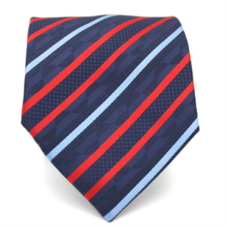 Slim narrow Style red color shade & Blue Classic Striped Necktie with Matching Handkerchief - Tie Set 