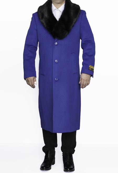 Mens Overcoat mens Removable Fur Collar Full Length Wool Dress Top Coat / Overcoat in Royal Blue