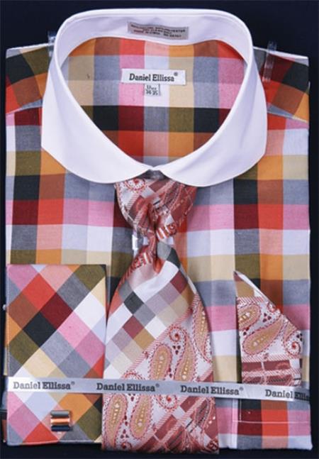 French Cuff Dress Shirt Set Bright Checker Rust Plaid ~ Windowpane 