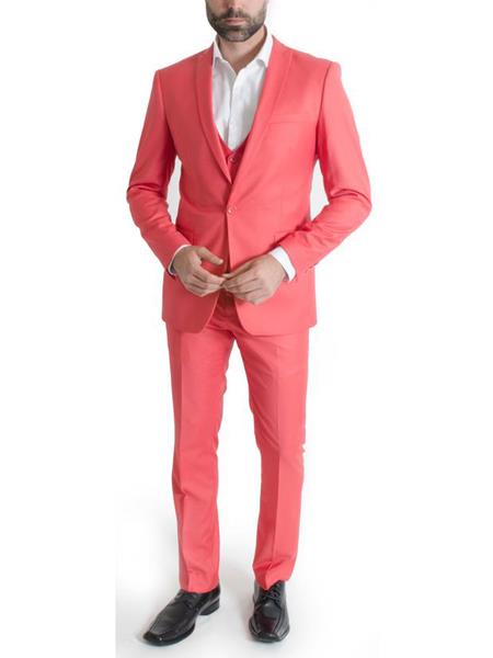  Men's Slim Fit 3 Piece Salmon ~ Peachish ~ Pinkish Narrow Peak Lapel Spring Vested Suit Clearance Sale Online
