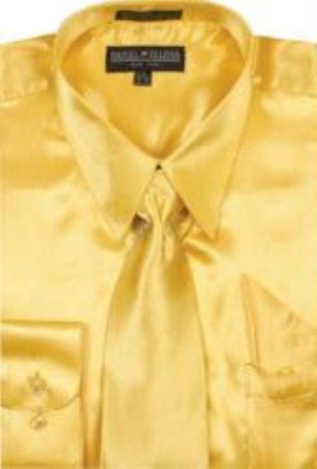Gold Shiny Silky Satin Dress Shirt/Tie 