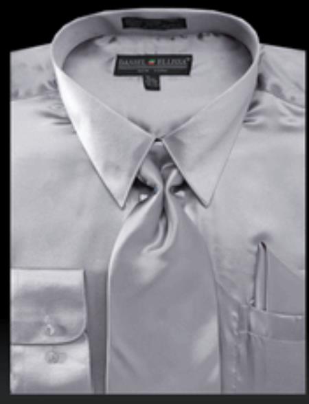  Men's Light Gray Shiny Satin Dress Shirt Tie Set