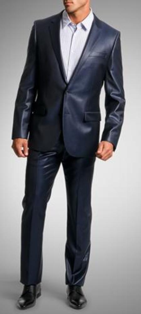 Shiny Flashy sharkskin Single Breasted Suit Side-Vented Navy Blue Shade 