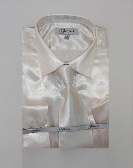 Affordable Clearance Cheap Mens Dress Shirt Sale Online Trendy - Fer_SH1 Ivory ~ Cream Shiny Luxurious Shirt Off White 