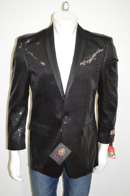 Satin Unique Shiny Fashion Prom Sequins One Button Blazer Online Sale Shawl Collar 100% Polyester Liquid Jet Black Perfect For Prom Clothe - Prom Outfits For Guys