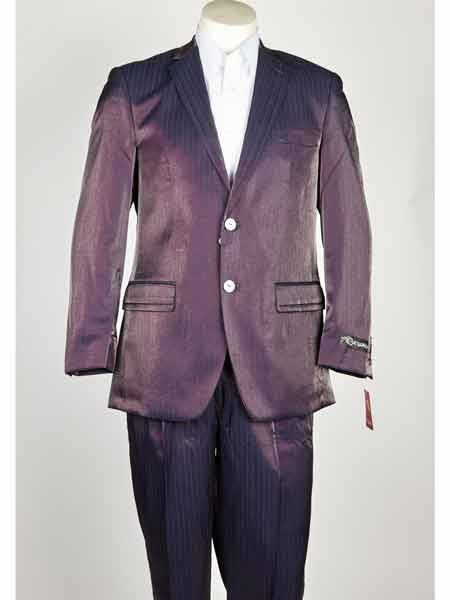  Shiny Flashy Notch Lapel Single Breasted Closure Purple color shade ~ Burgundy 2 Button Style Pinstripe Athletic Cut Suits Classic Fit 