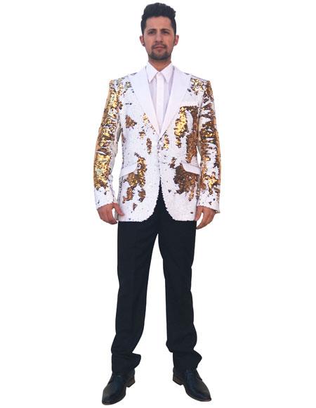  Men's Unique Shiny Flashy Fashion Prom Sequin 2 Button Single Breasted Gold ~ White Blazer ~ Suit Jacket ~ Sport Coat Perfect For Prom Clothe - Prom Outfits For Guys