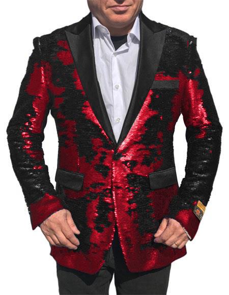 Alberto Nardoni Best men's Italian Suits Brands Shiny Flashy Sequin Red Tuxedo Black Lapel paisley look sport jacket ~ coat