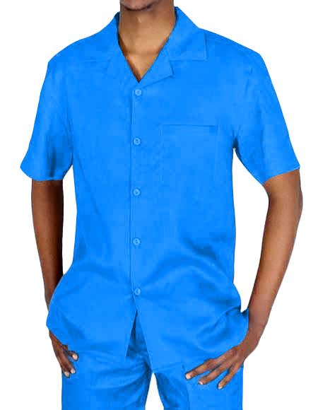  Men's Two Piece Short Sleeve Blue Linen Casual Walking Suit