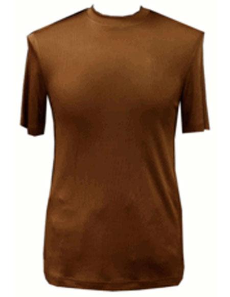  Men's Brown Classy Mock Neck Shiny Short Sleeve Shirt