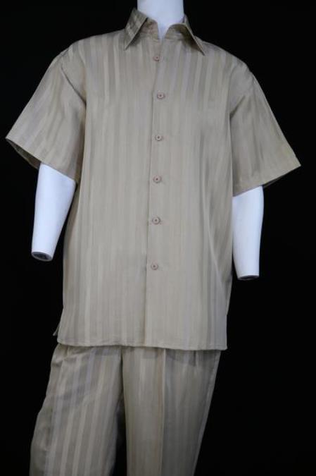  men's Reflective Stripes Pocketless Short Sleeve Walking Suit Cream