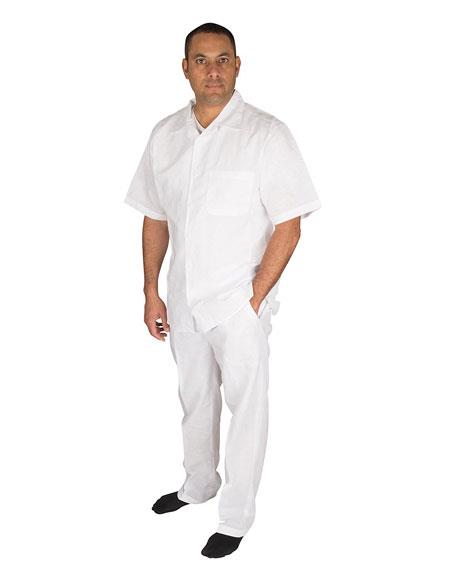  Men's Short Sleeve 100% Linen 2 Piece With Pleated Pant White Shirt 