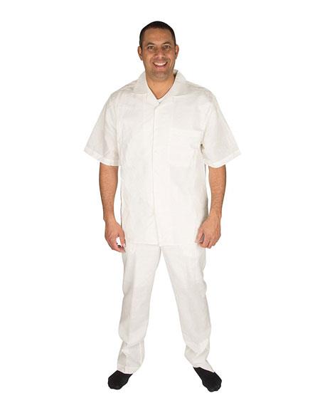  Men's Button Closure Short Sleeve Offwhite 100% Linen 2 Piece Pleated Pant Shirt 