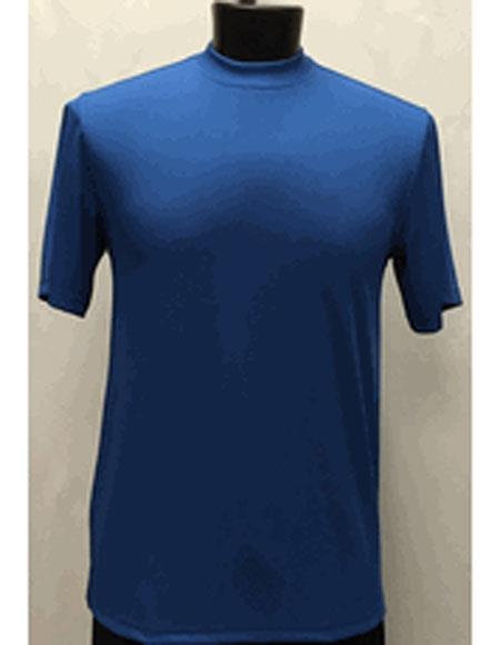  Men's Classy Mock Neck Shiny Royal Blue Short Sleeve Stylish Shirt