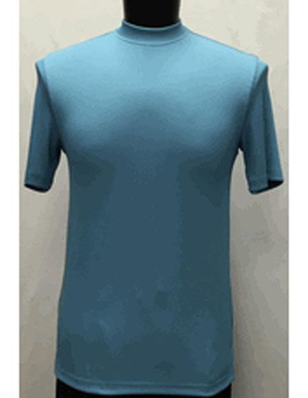  Men's Classy Mock Neck Shiny Sky Blue Short Sleeve Stylish Shirt