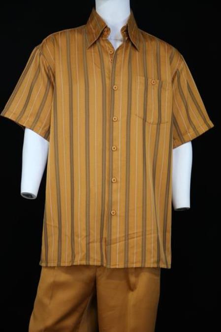  men's Suture Stripes Short Sleeve Left Side Pocket Walking Suit Apricot