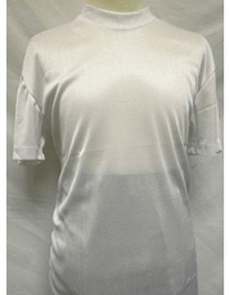  Men's Stylish White Mock Neck Shiny Short Sleeve Shirt