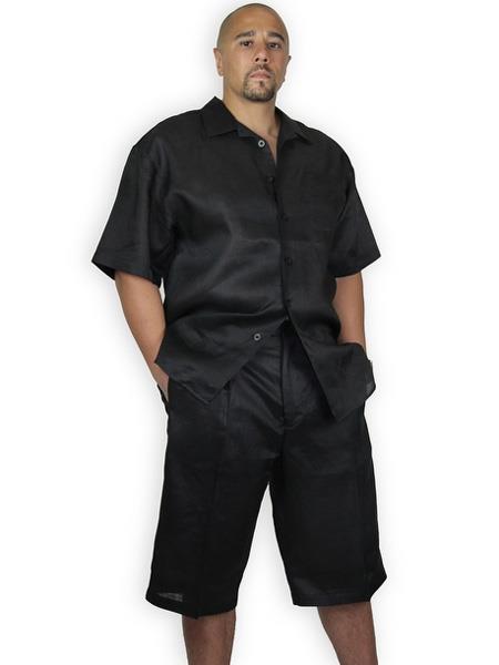  Men's Shirt And Shorts Two Piece Casual Black Men's 2 Piece Causal Outfits Set / Beach Wedding Attire For GroomSuit -Mens linen suit