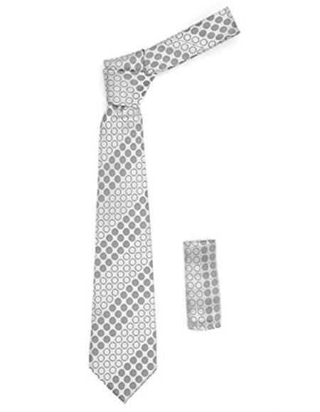  Men's Trendy Geometric Silver Necktie with Grey Circles Includes Hanky Set
