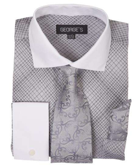  Men's Silver Two Toned Long Sleeve White Collar Contrast Check Pattern Fashion Dress Shirt Tie Set 