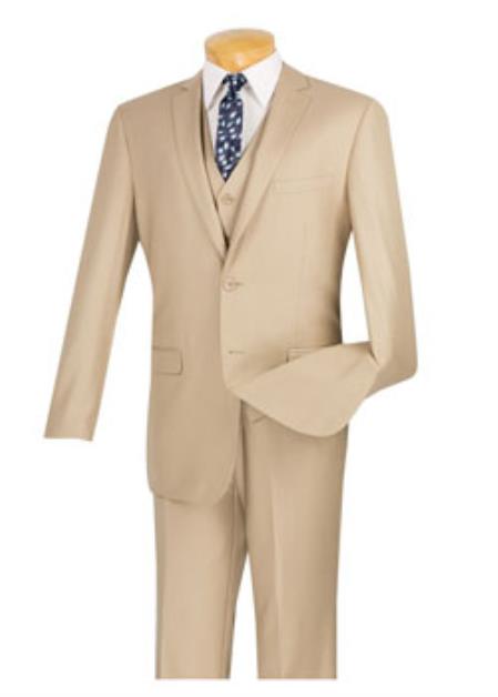  Men's 3 Piece 100% Wool Executive Beige Suit - Narrow Leg Pants
