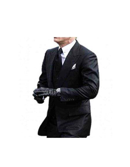  Men's James Bond Single Breasted 2 Button Peak Lapel Black Suit