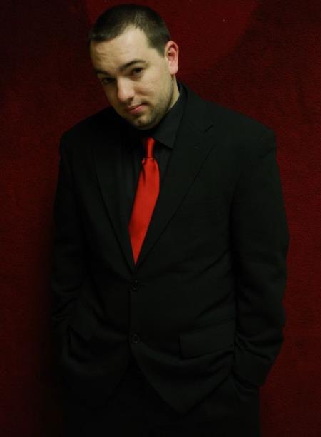 black dress shirt and red tie