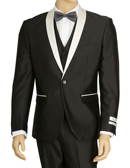 Men's Wedding - Prom Event Bruno Black Single Breasted 1 Button Shawl Lapel Suit