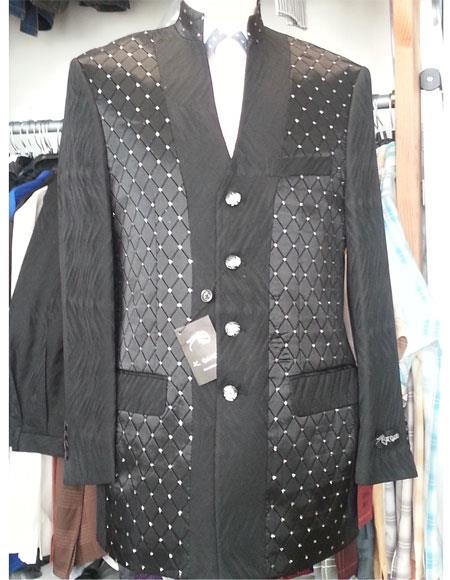  Men's 2 Piece Single Breasted Black 4 Button Mandarian Collar Suits