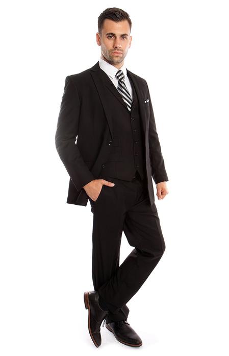  Men's Slim Fit Black Three Piece Tuxedo Jacket, Pant And 5 Button Vest With Collar