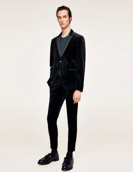  men's black Single Breasted Peak Lapel velvet suit blazer 