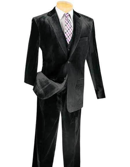  Men's Single Breasted 3 Piece Black Velvet Notch Lapel Vested Suits 