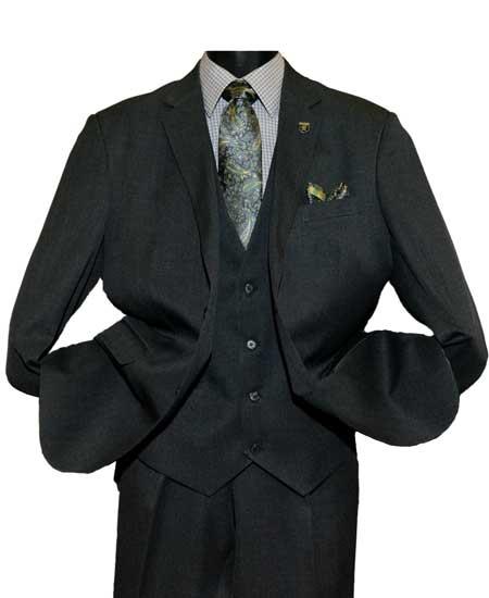  Men's Notch Lapel Single Breasted Black Two Button Vested Suit