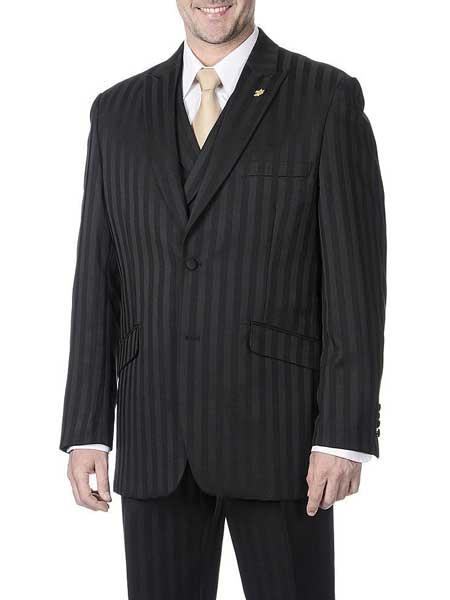 Men's Black Single Breasted 3 Piece Peak Lapel Tone on Tone Shadow Stripe Striped Polyester Vest Suit