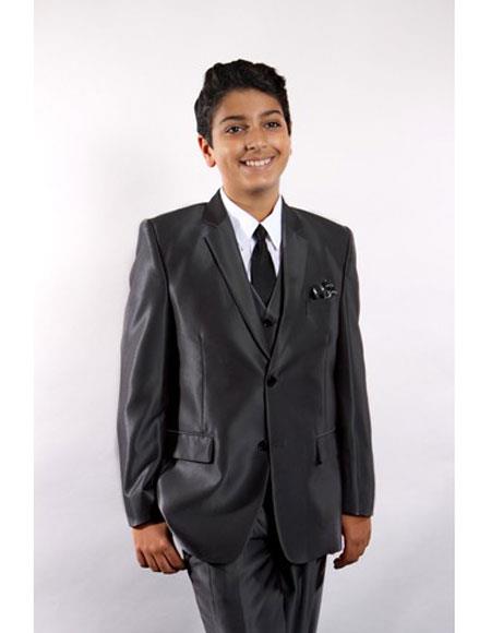  Boy's 5 Piece Single Breasted Black Suit Vested w/Shirt, Tie & Hanky Stylish Sheen