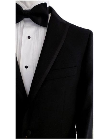  Men's Single Breasted 2 Button Black 100% Wool Peak Lapel Suit