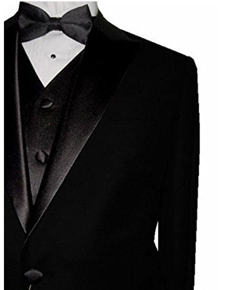  Men's Black Single Breasted 2 Button 100% Wool Peak Lapel Suit